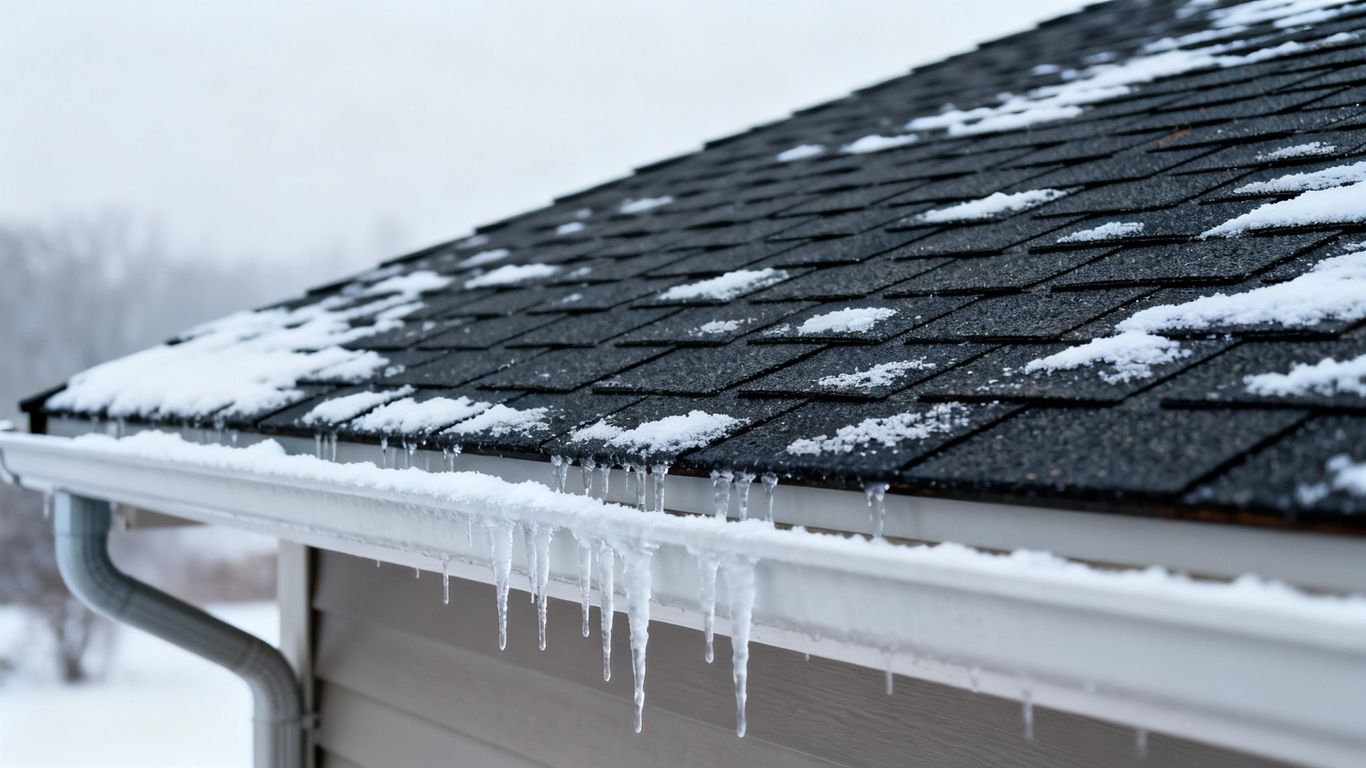 Winter roof with icicles and snow in Georgia.