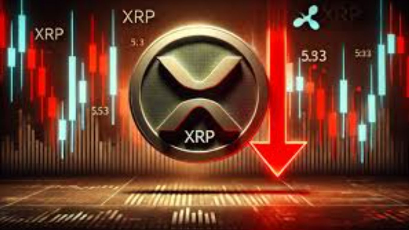 XRP cryptocurrency logo with downward trends and market data visuals.