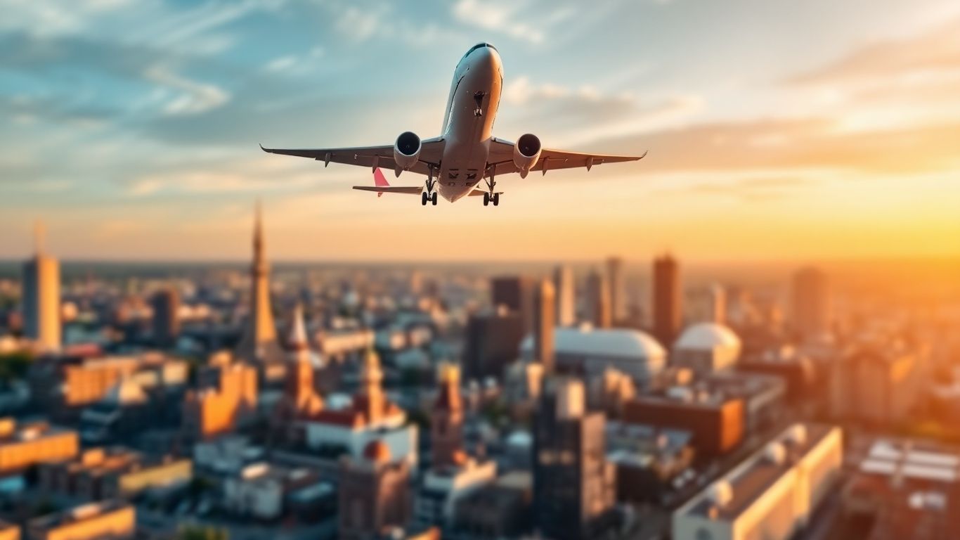 Airplane flying over Manchester cityscape