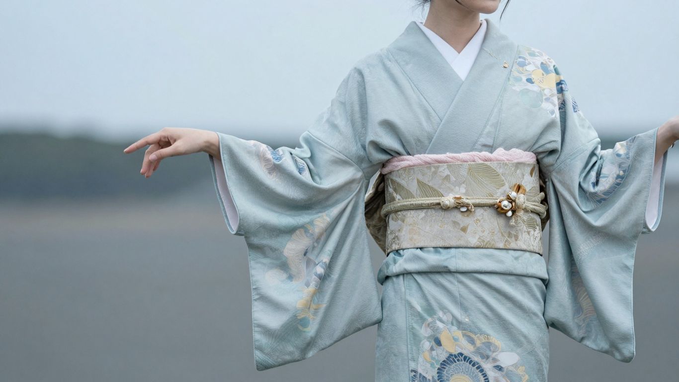 Woman in a stylish modern kimono with elegant accessories.