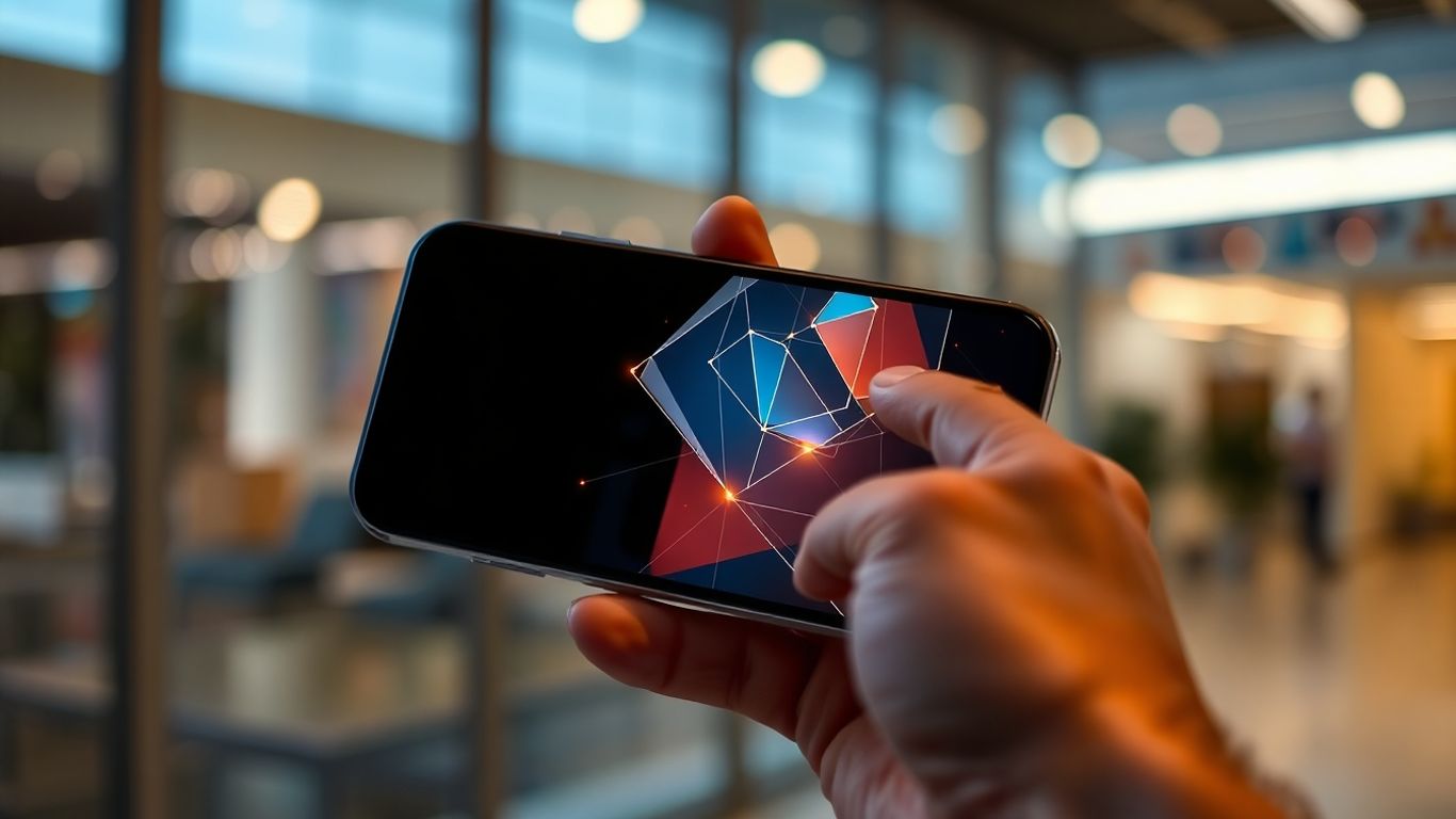 Hand holding phone with simplified login screen.