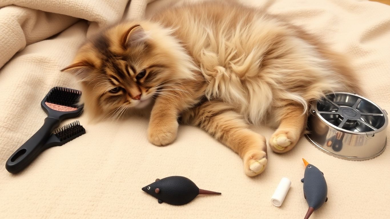 Cat with grooming brush and toys.