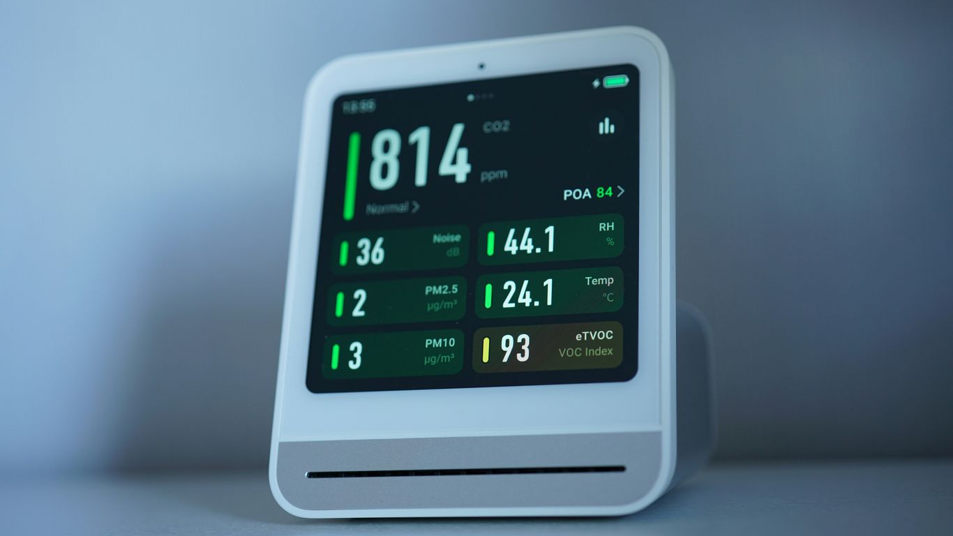 Air quality monitor shows levels of pollutants.
