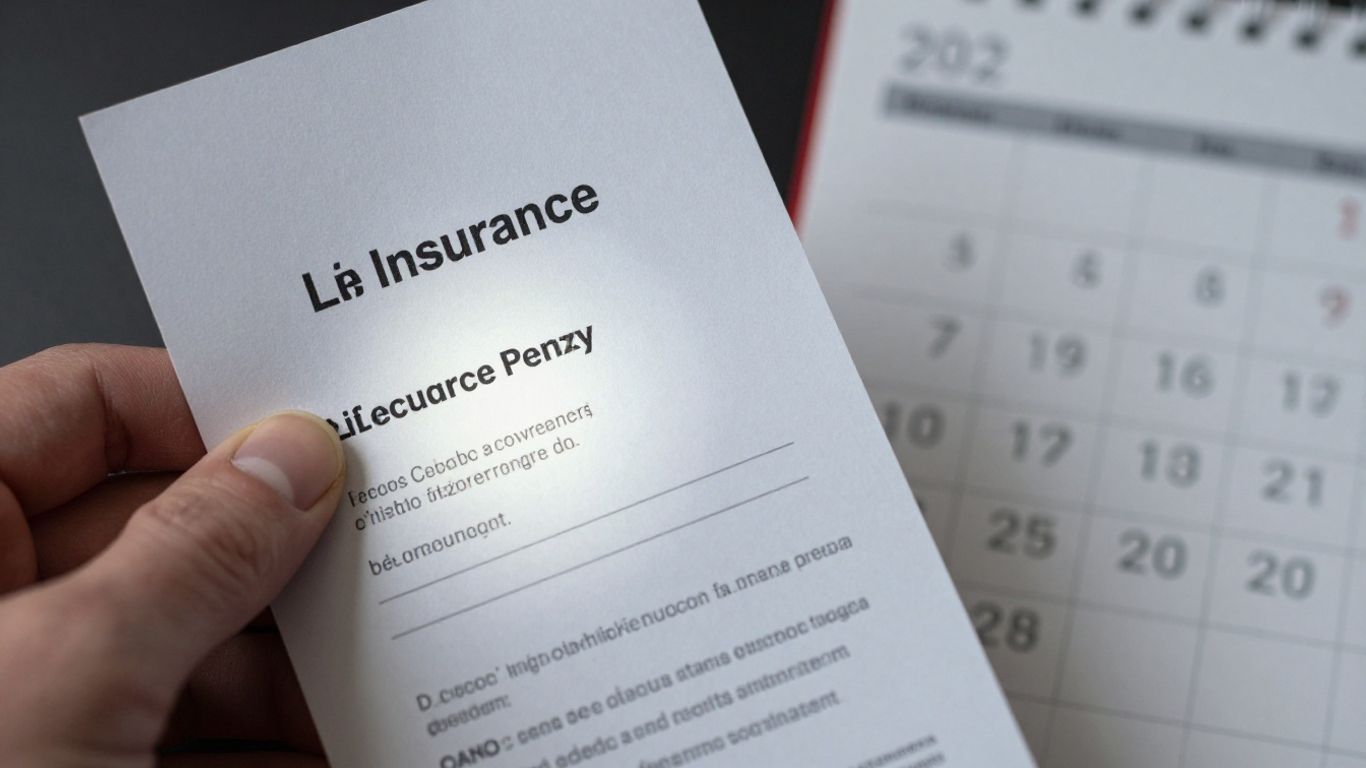 Life insurance policy document with a calendar in the background.
