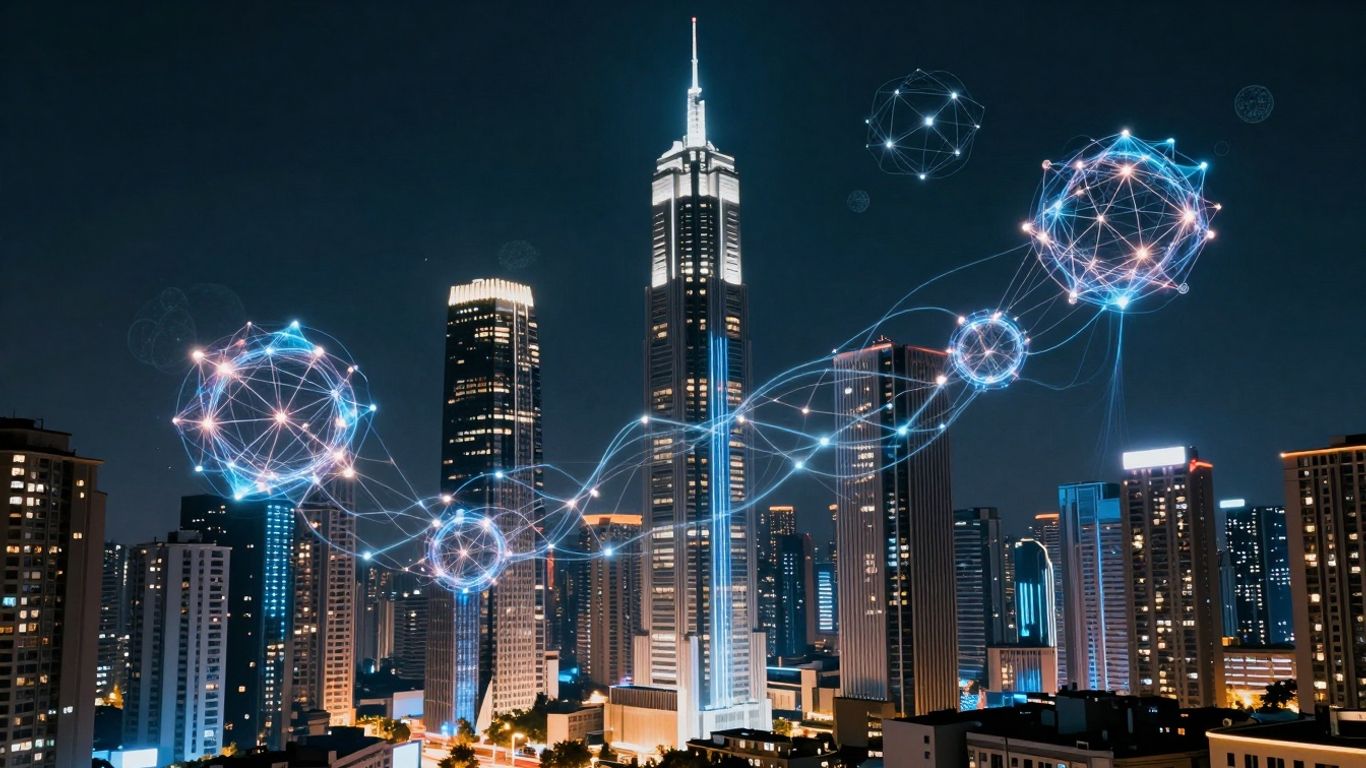 Futuristic cityscape with AI and blockchain integration.