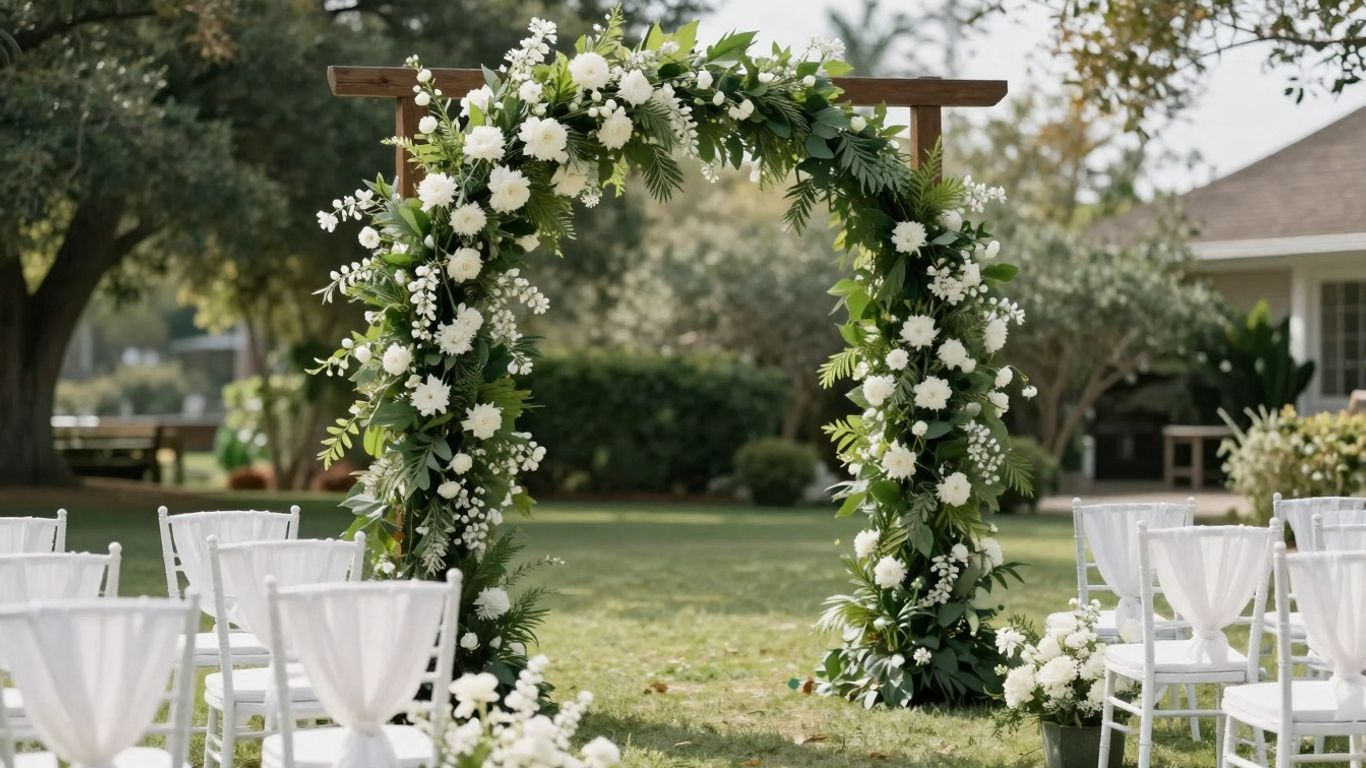Outdoor micro wedding ceremony setup with floral arch.