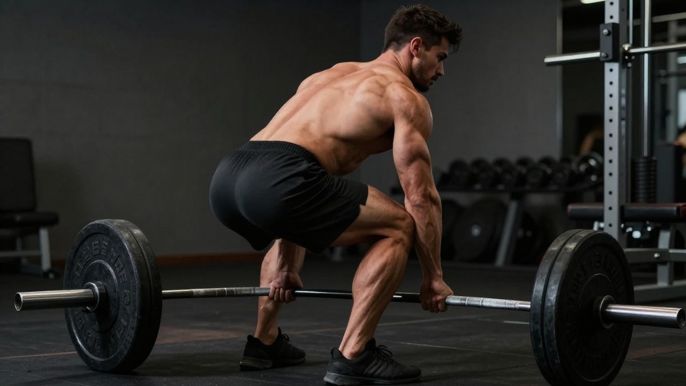 Man performing Romanian deadlifts in a gym.