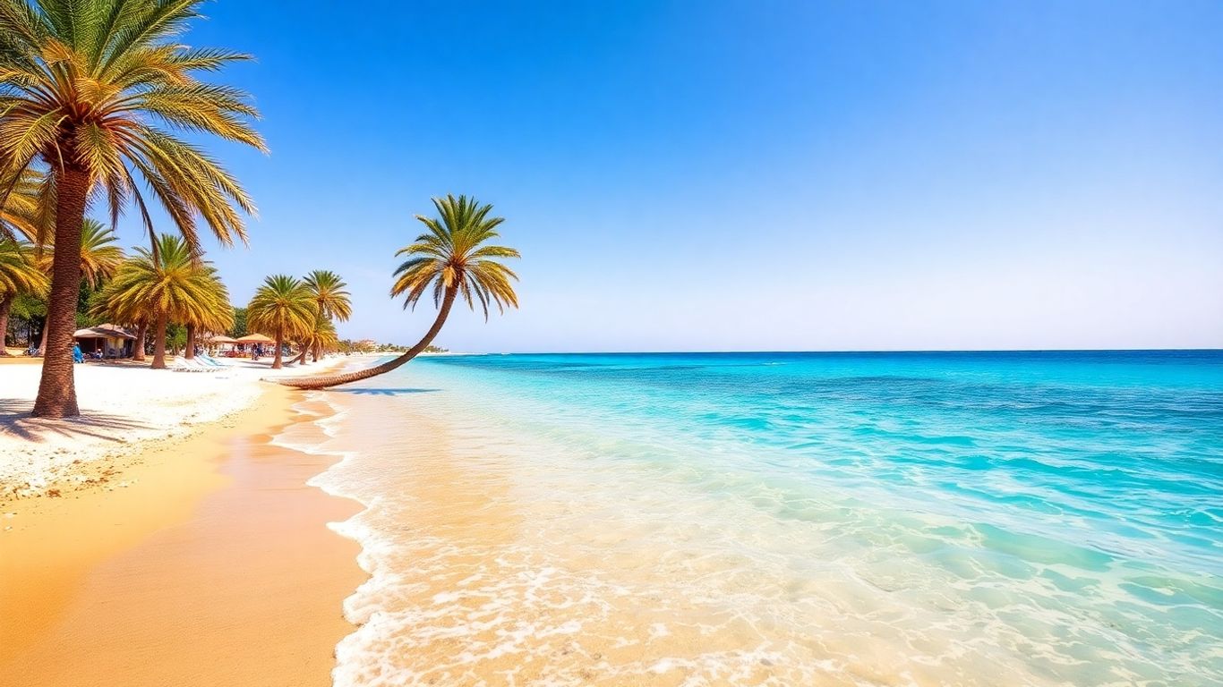 Sunny beach in Cyprus with clear blue water and golden sand.