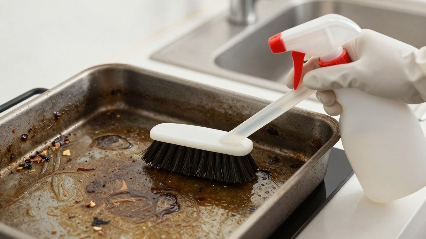 Cleaning a greasy grill drip pan with a brush.