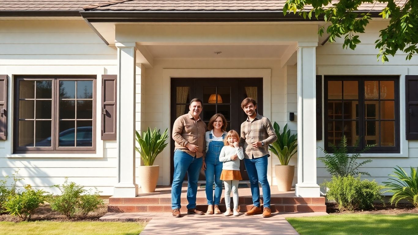 Familia feliz frente a casa moderna y segura
