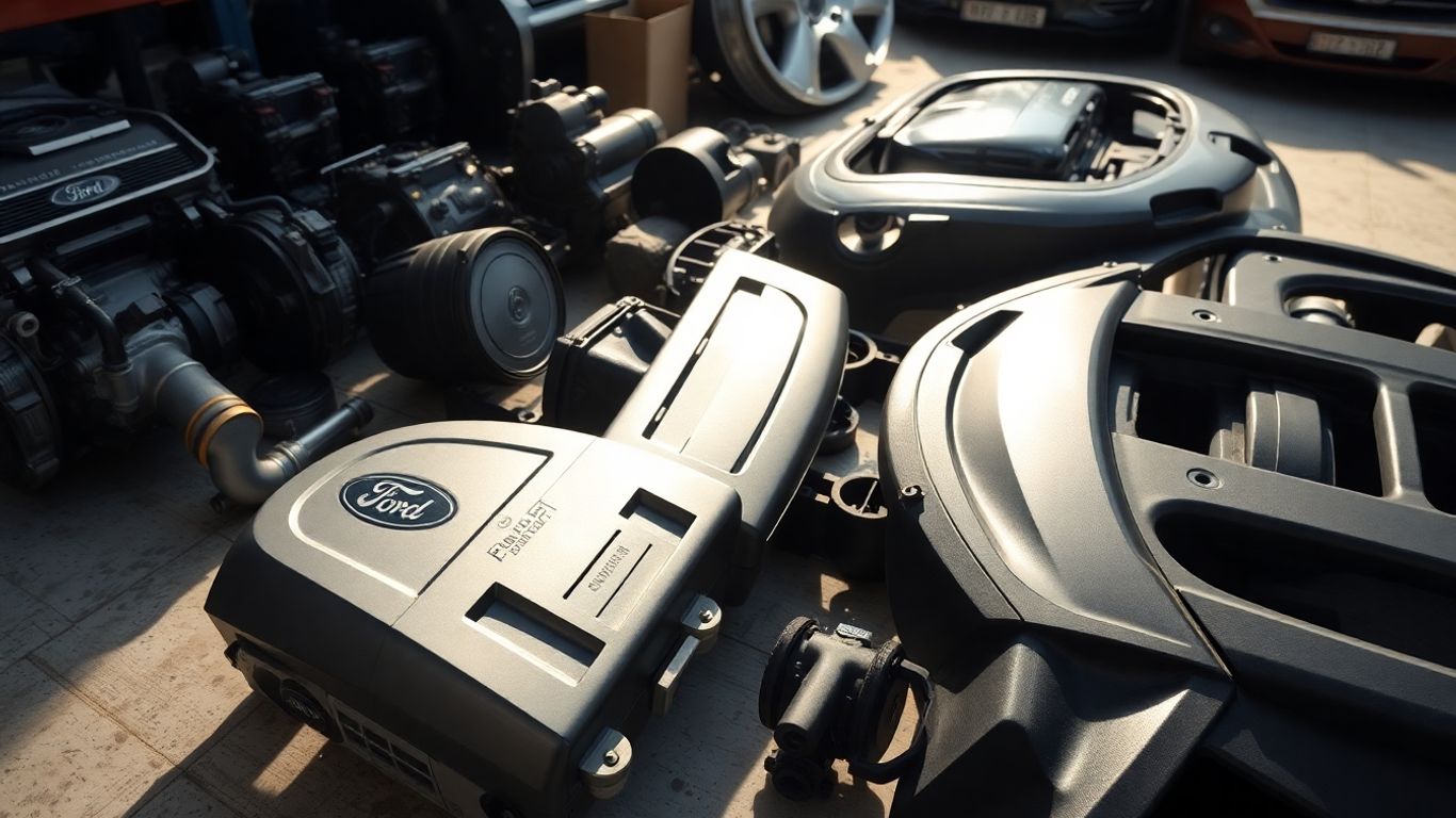 Genuine Ford parts laid out for display.