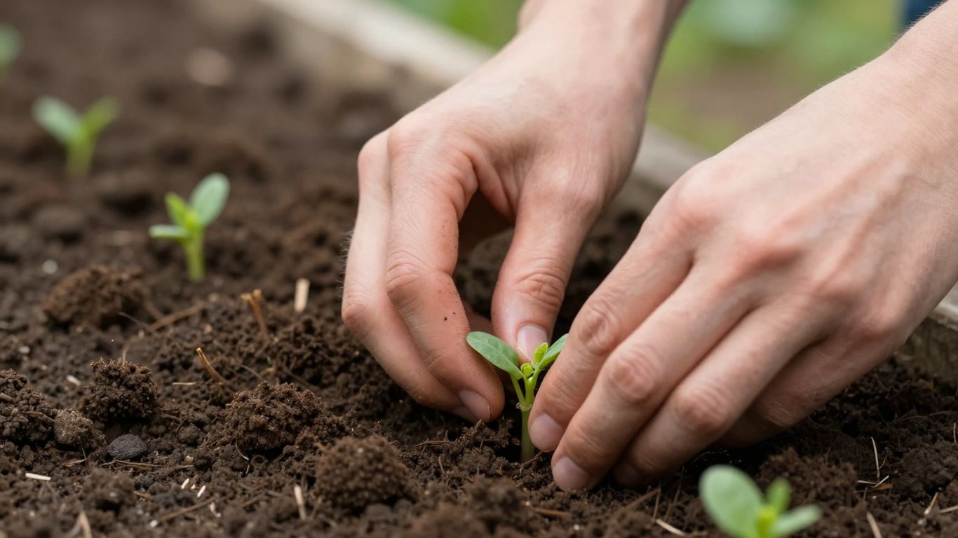Hände lockern Erde für neue Pflanzen im Garten.