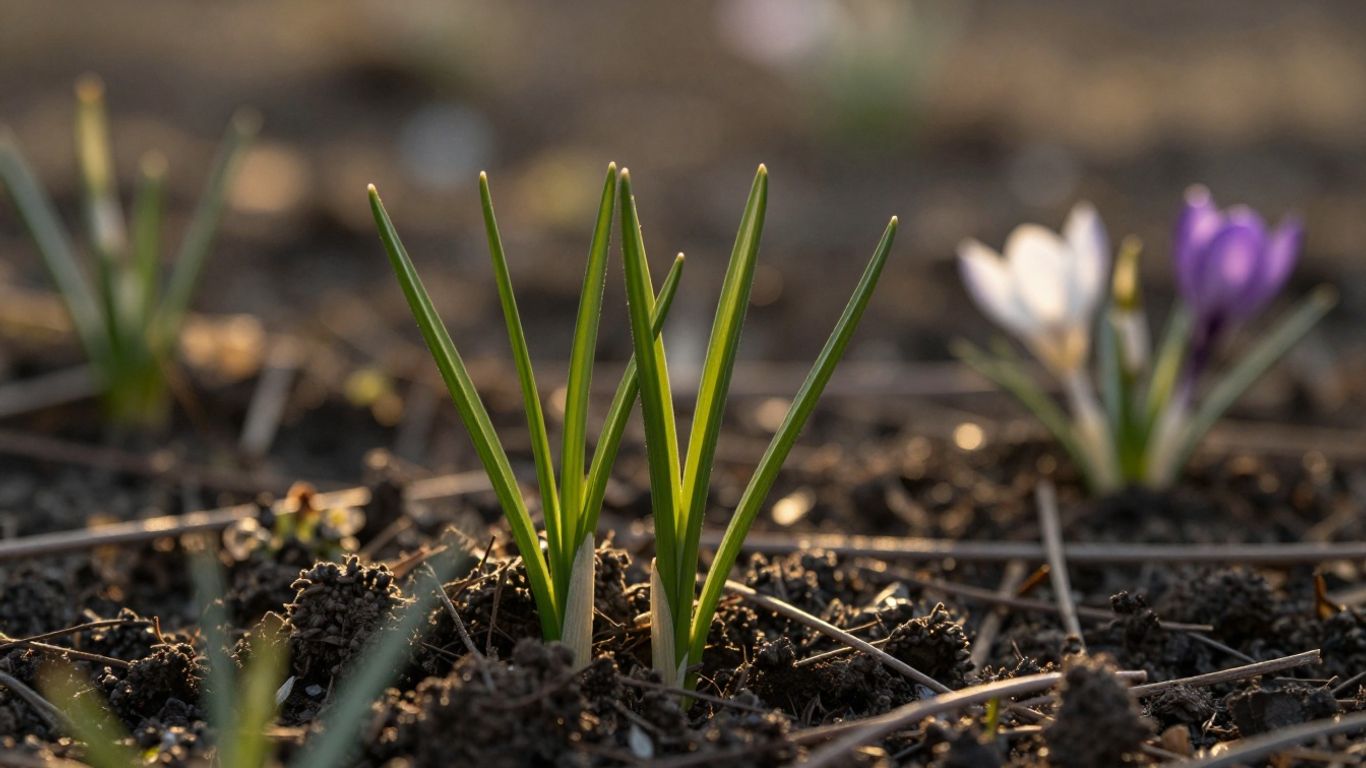 Erste warme Sonnenstrahlen im Frühling auf zarten Pflanzen.