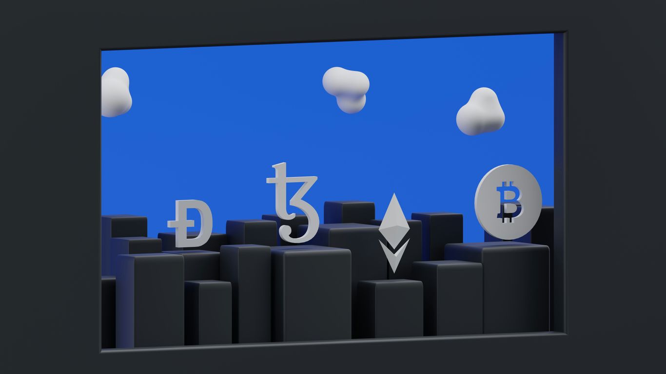Abstract representation of cryptocurrency symbols against a blue background.