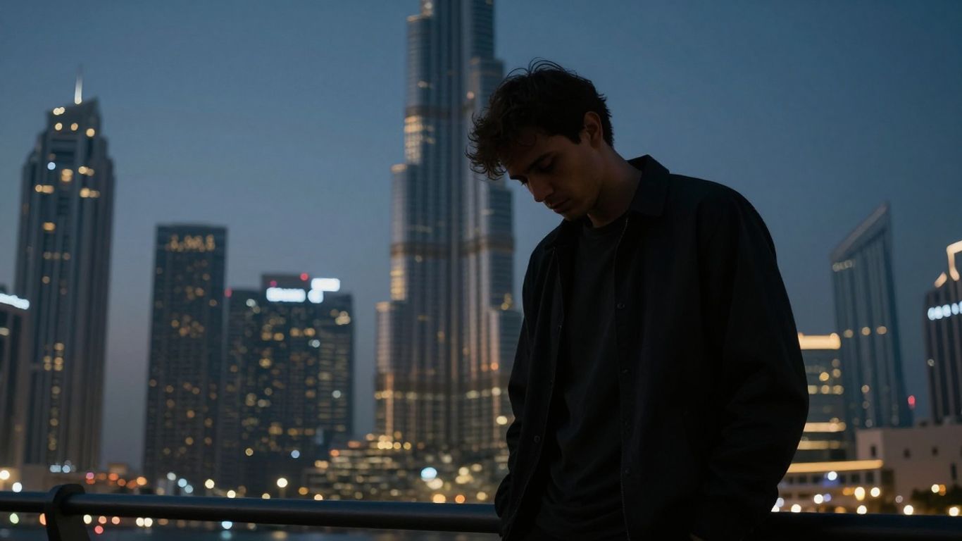 Exhausted person in Dubai skyline, career shift theme.