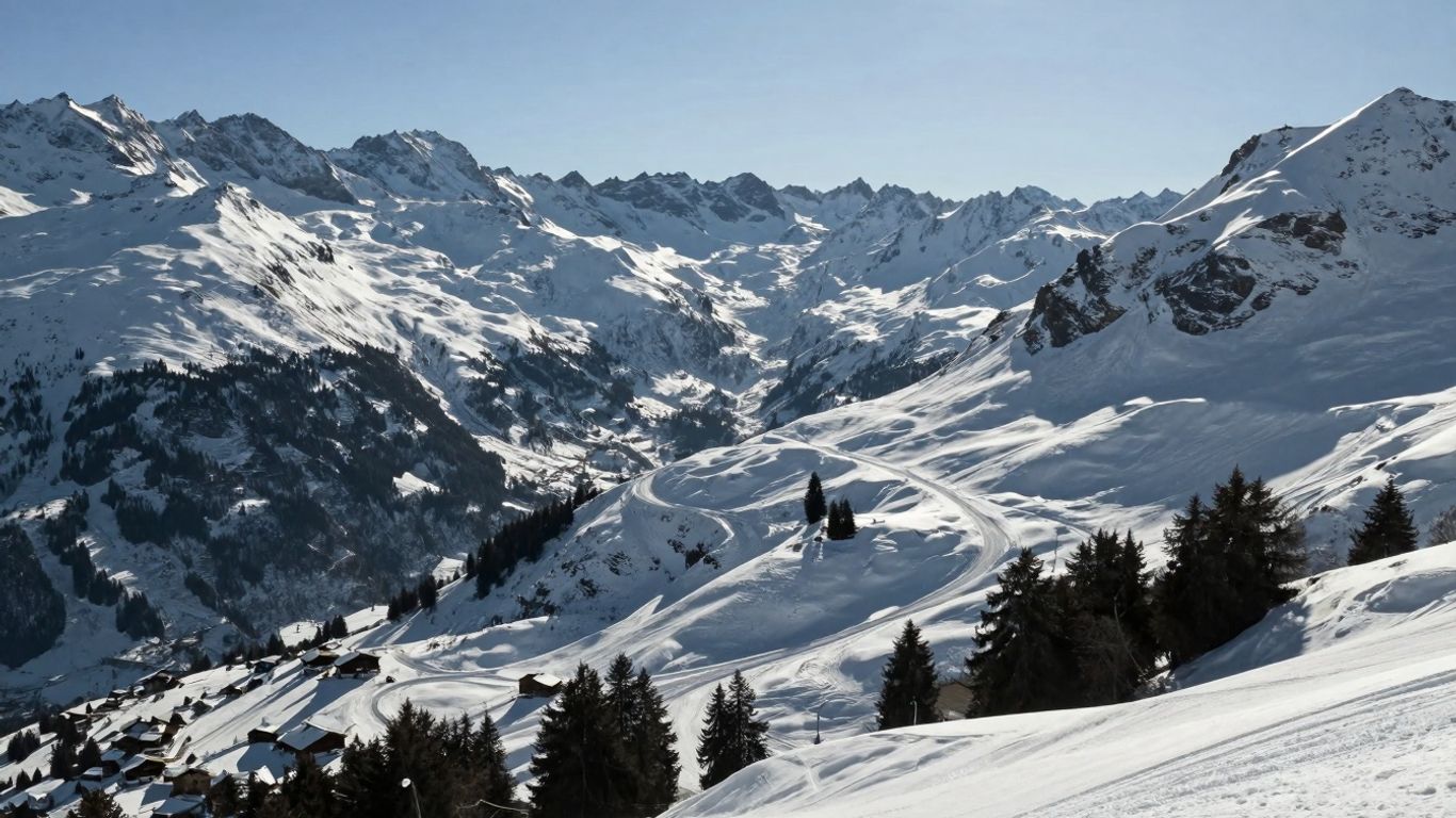 Snowy mountains and ski slope in Klosters, Switzerland.