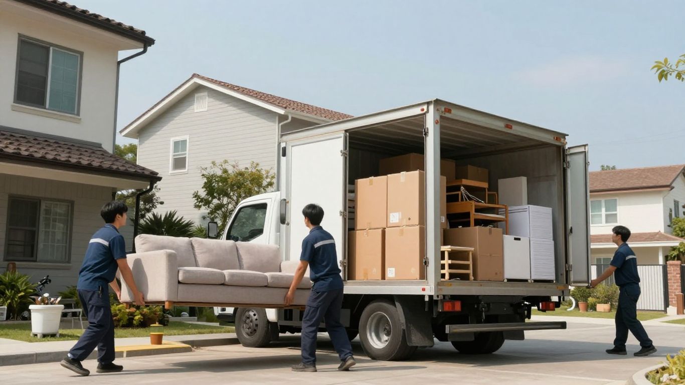 Packers and movers loading truck with furniture