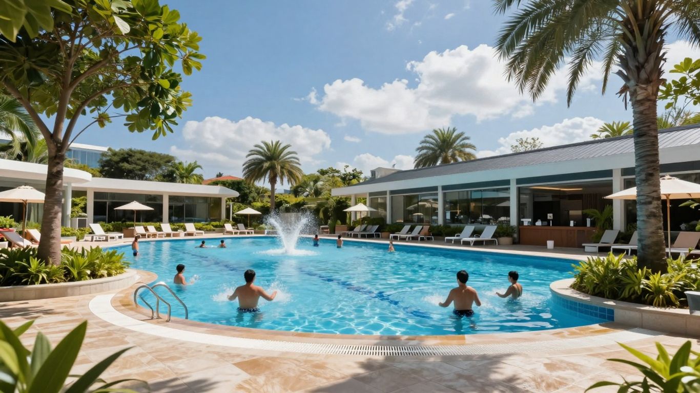 Paragon Swimming Centre pool with swimmers and greenery.