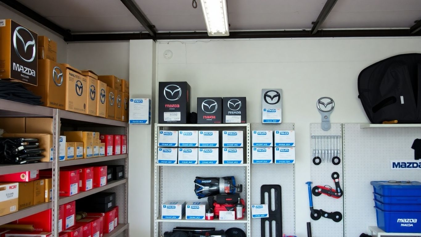 Genuine Mazda parts displayed in an organized garage setting.