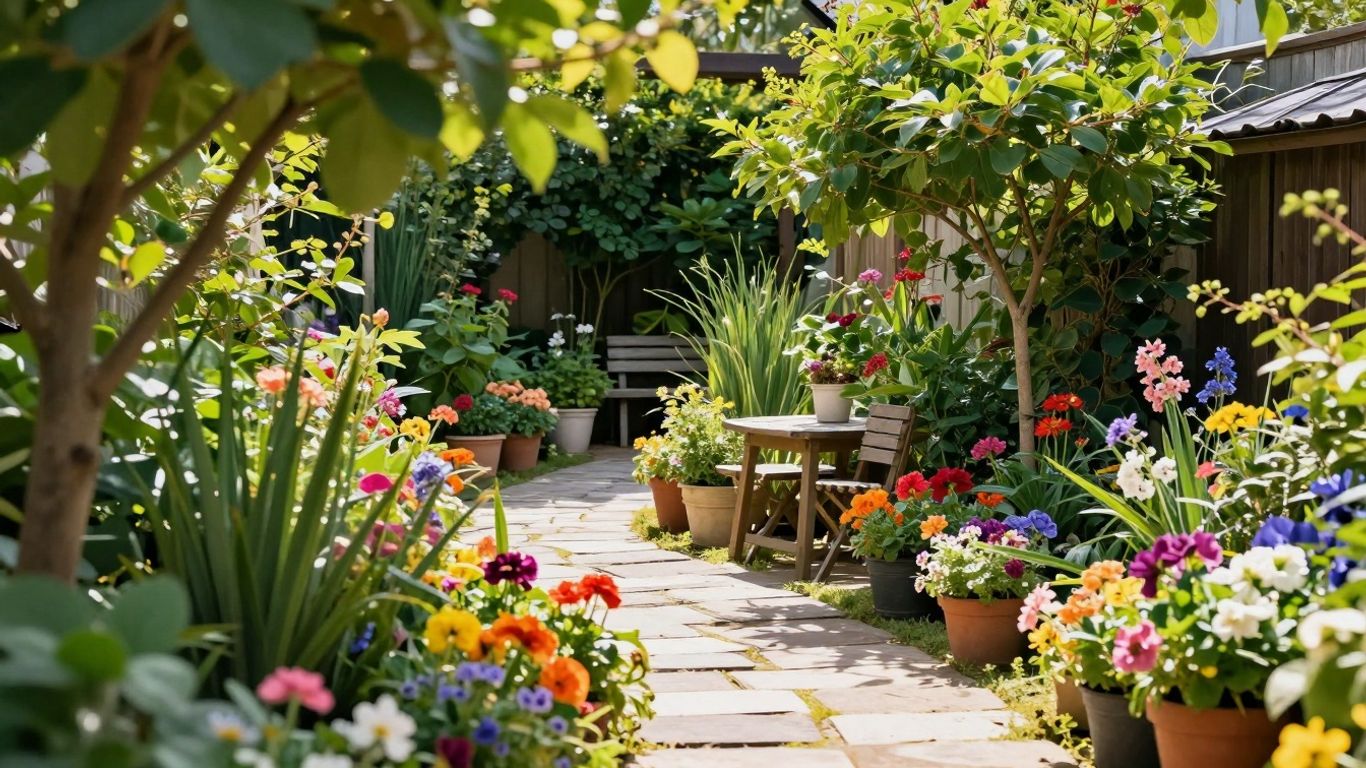 Kleine tuin met bloemen, pad en zitje.