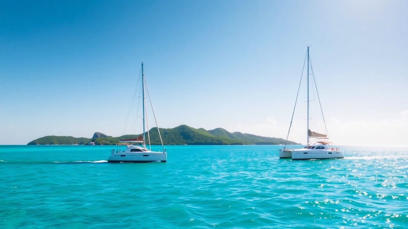 Catamaran sailing on turquoise Caribbean waters near islands.