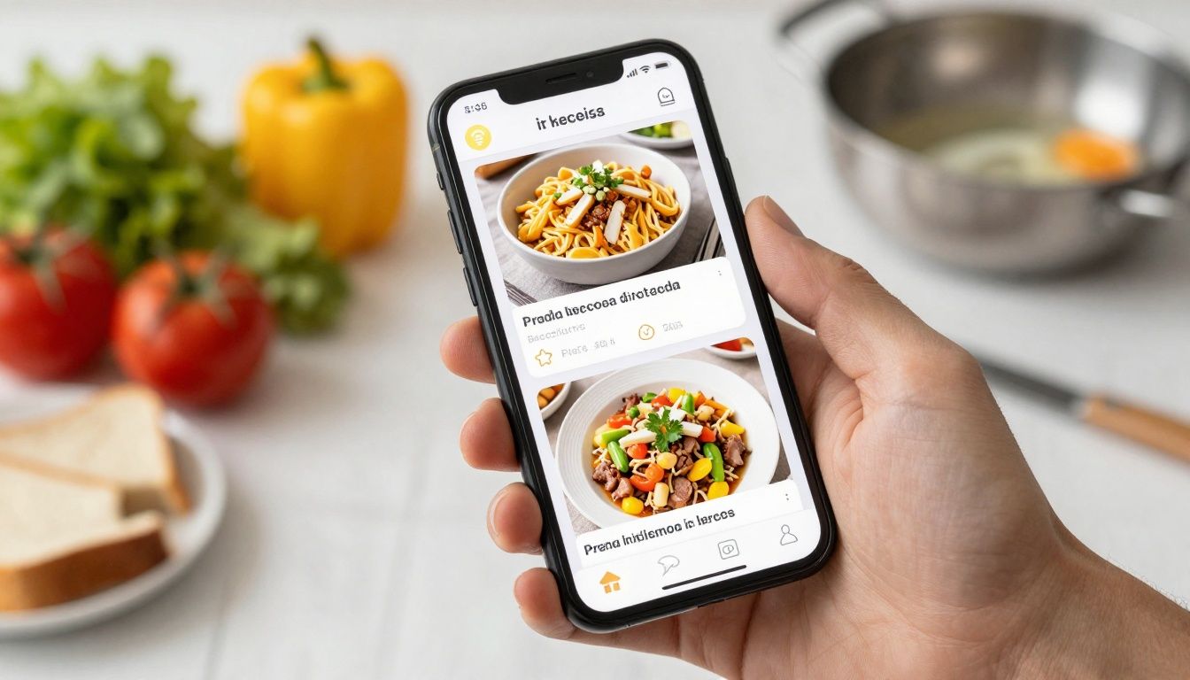 Capa com um smartphone exibindo diferentes pratos e apps de receitas na tela, cercado por ingredientes frescos e utensílios de cozinha