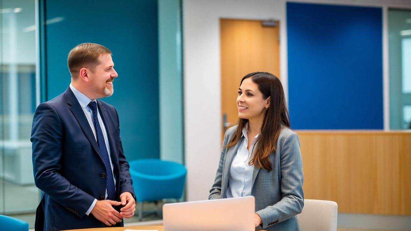Best Recruiter? Warum uns faire und transparente Prozesse am Herzen liegen Zwei Fachleute im Büro, die sich unterhalten.