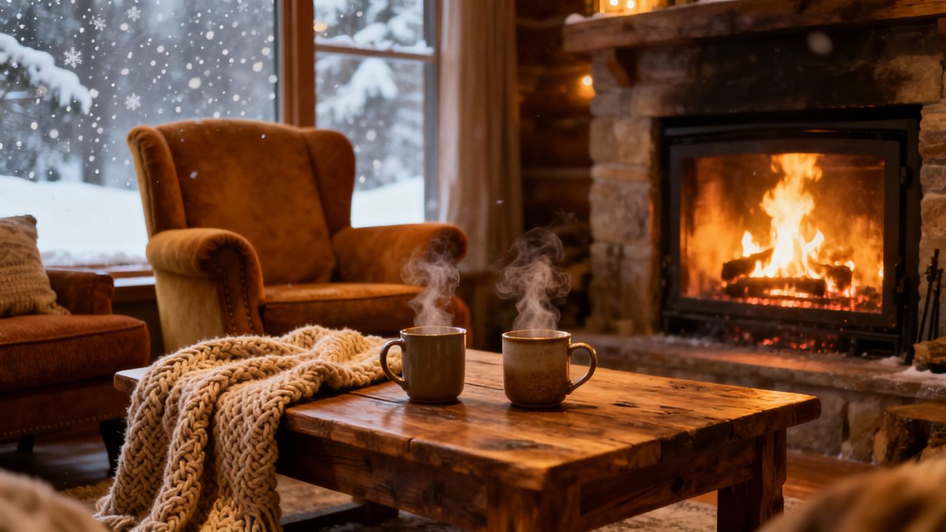 Cozy living room with fireplace for winter.