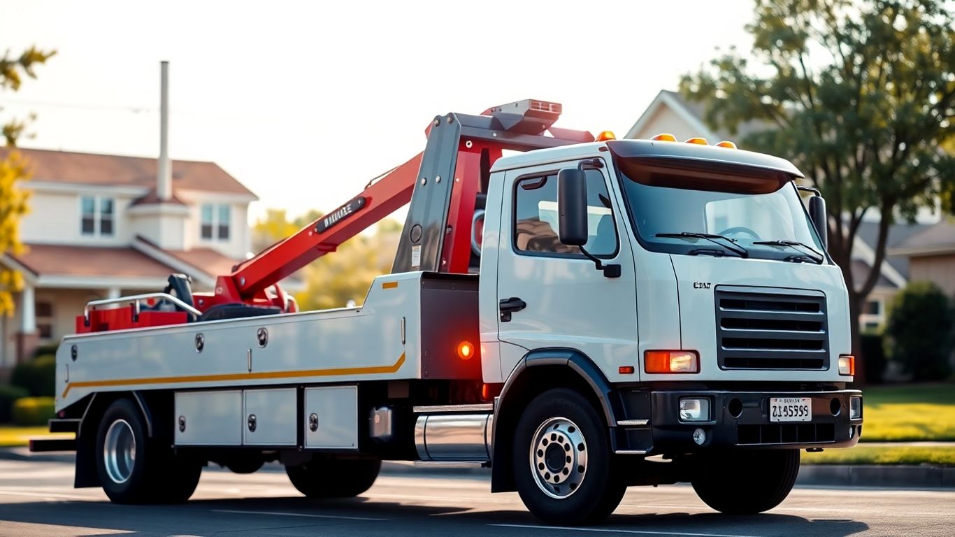 Tow truck lifting a car on a street.