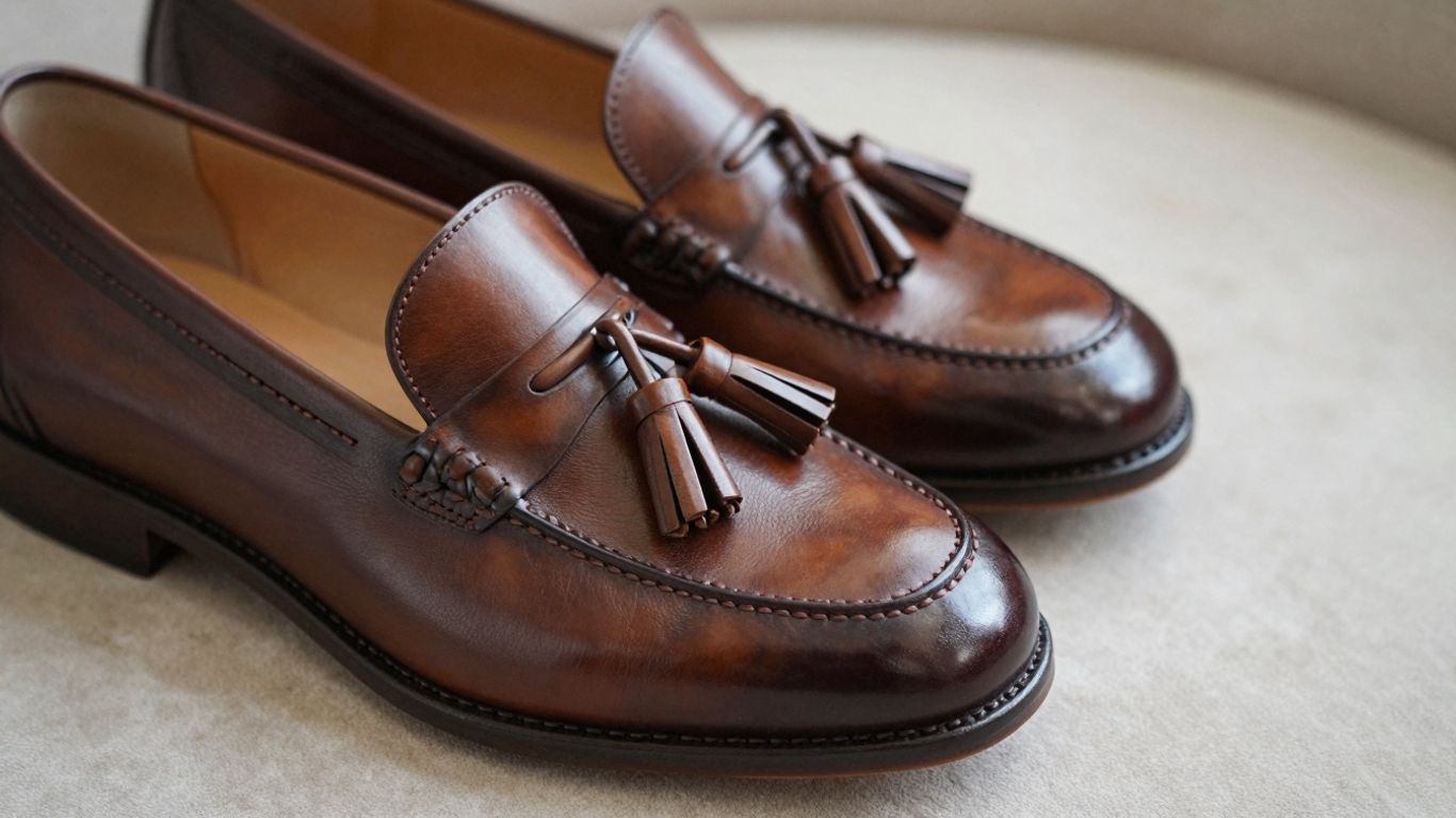 Premium tassel loafers, detailed view of leather and tassels.
