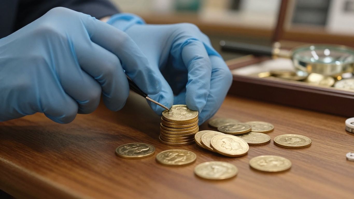Hands examining gold coins with magnifying glass