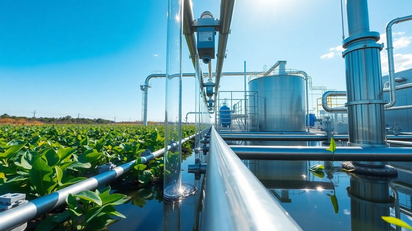 Industrial water treatment plant with greenery and blue sky.