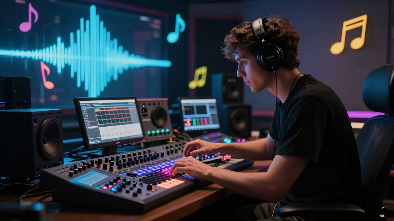 Producer creating beats in a studio with music visuals.