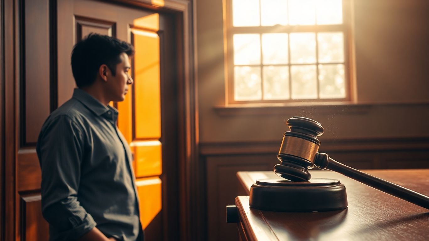 Gavel on desk near courtroom door, legal advice needed.