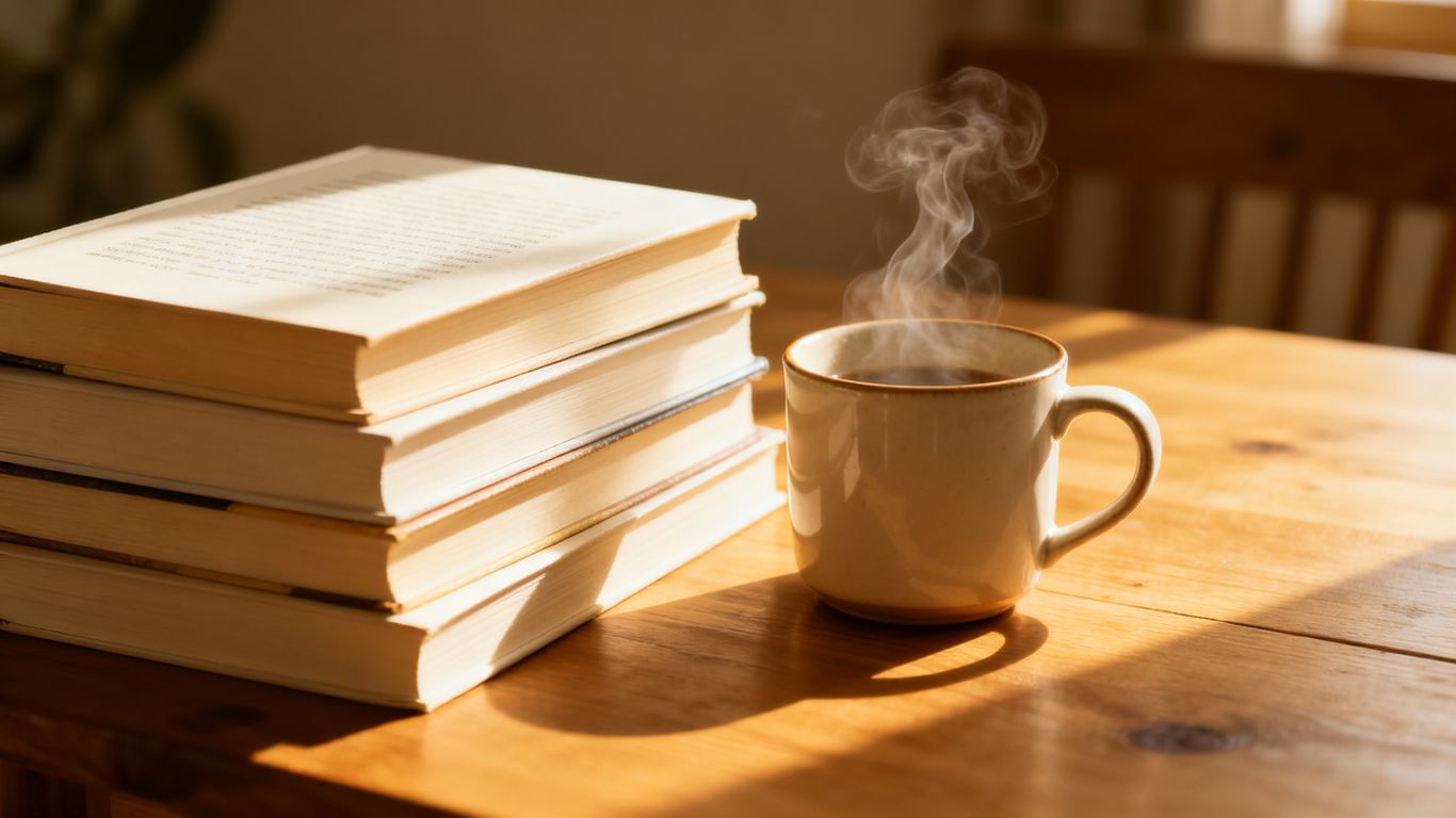 Bookshelf with books and a mug