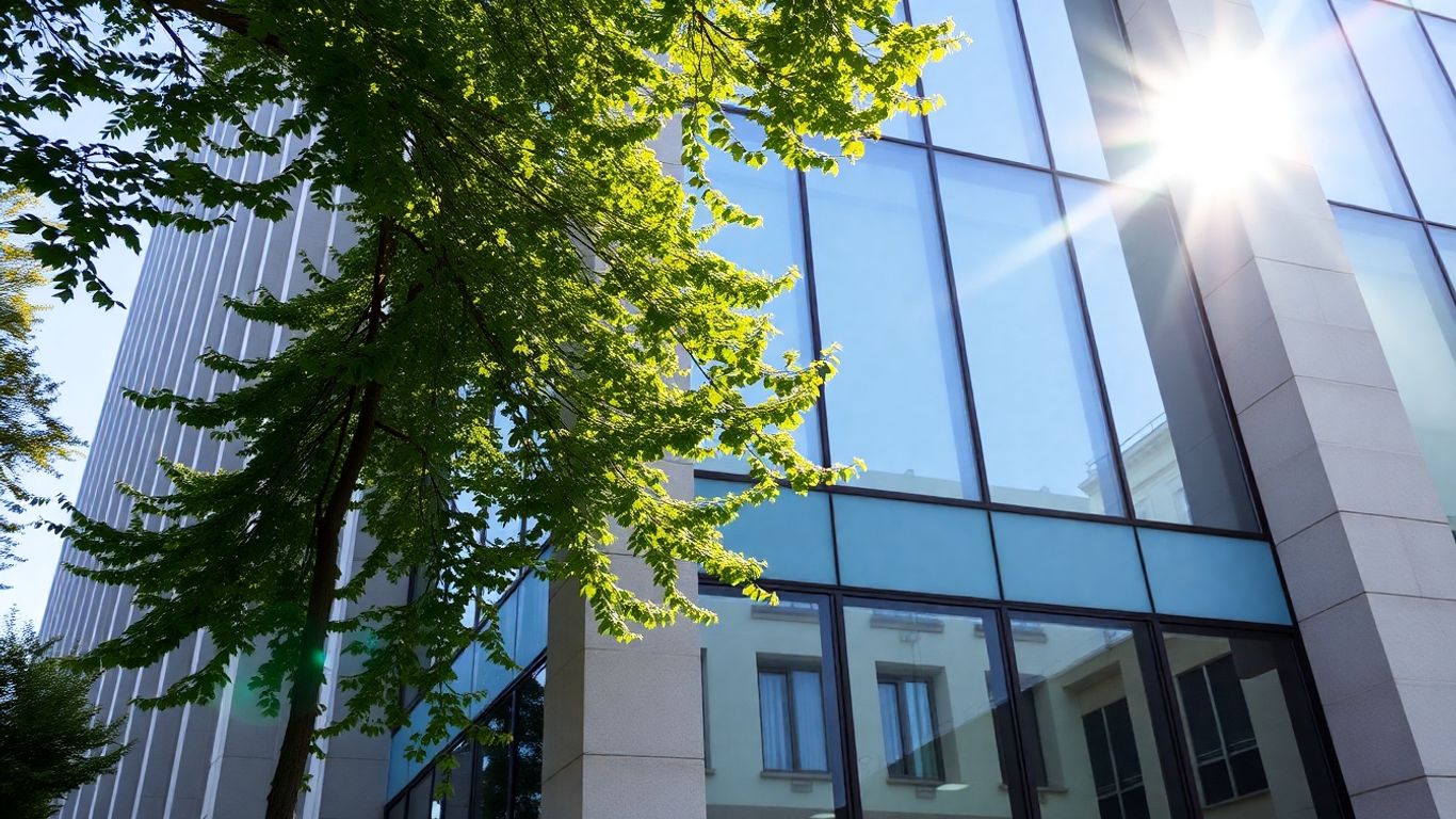 Edificio moderno de Mutua de Propietarios con luz solar.