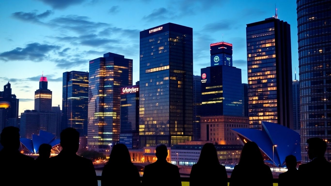 Sydney skyline with professionals looking towards city growth.