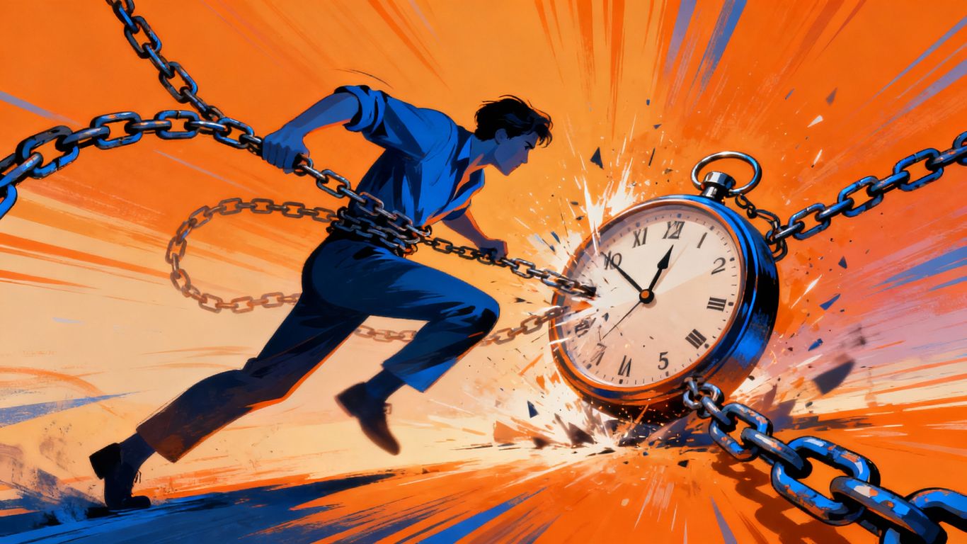 Person breaking free from clock chains.