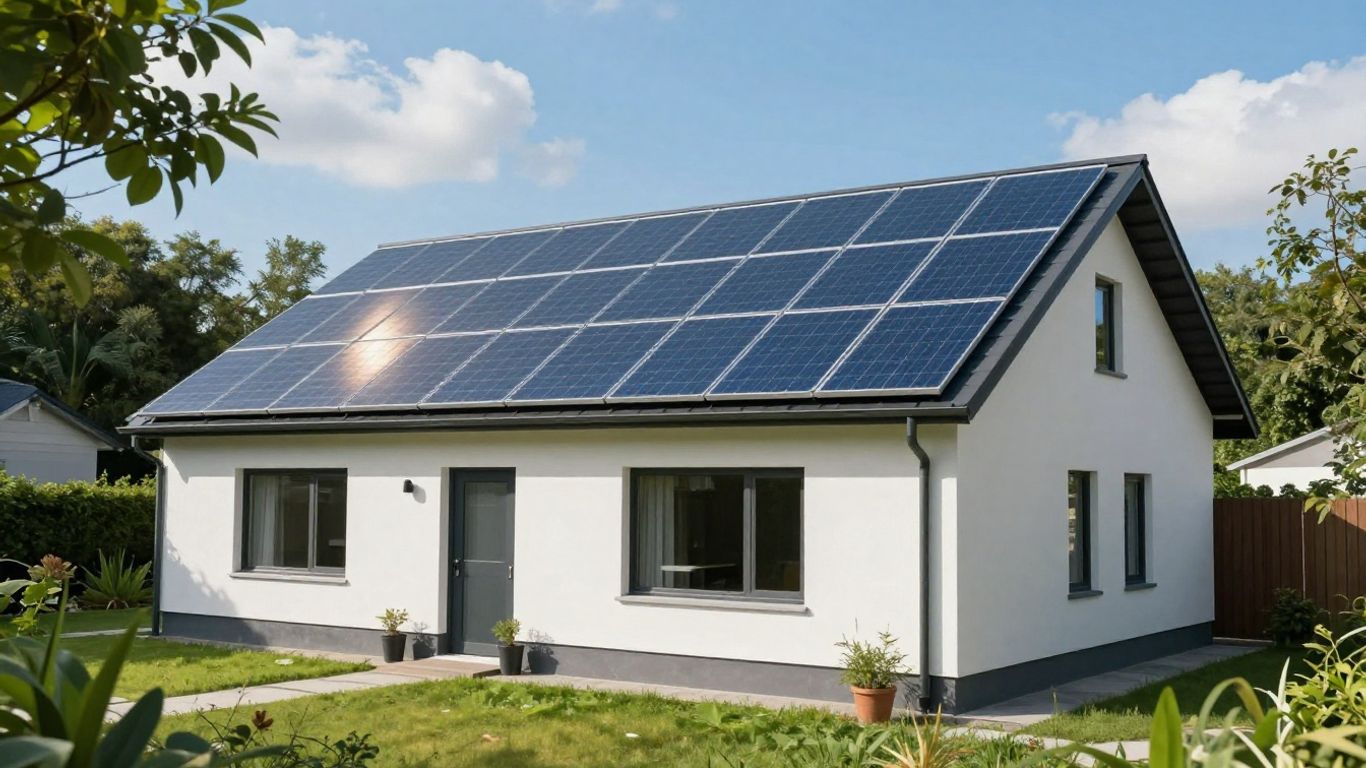 Современный дом с солнечными панелями на крыше и садом.