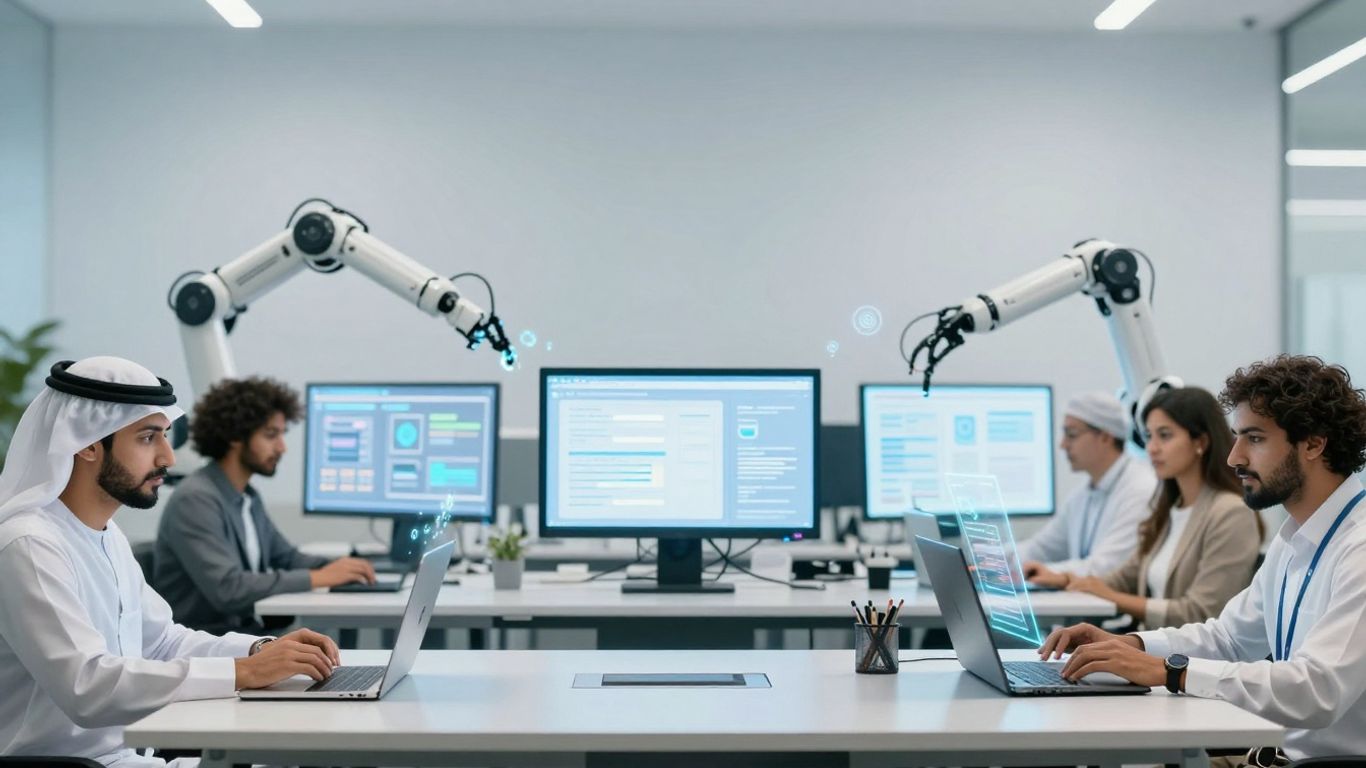 AI agents and humans collaborating in a futuristic office.