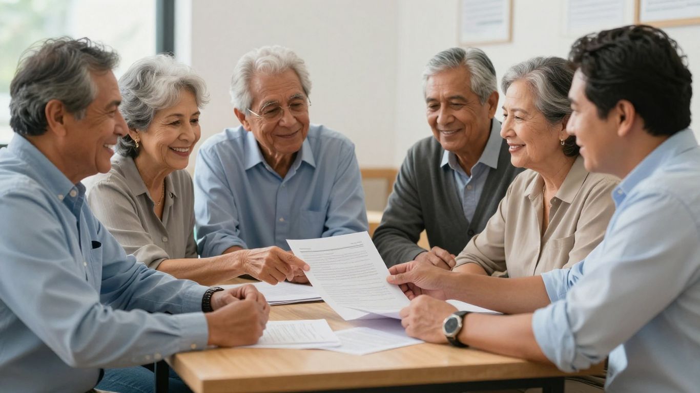 Seniors discussing Medicare Advantage plan documents.