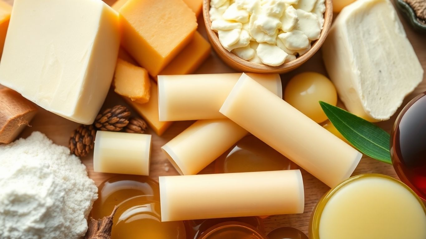 Natürliche Lippenpflege-Inhaltsstoffe und Lippenbalsam-Tuben.