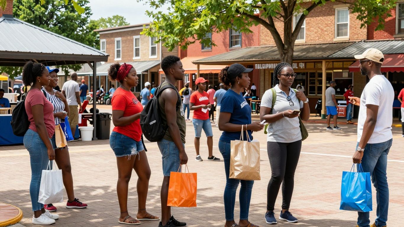 People in a town square, shopping bags, local businesses.