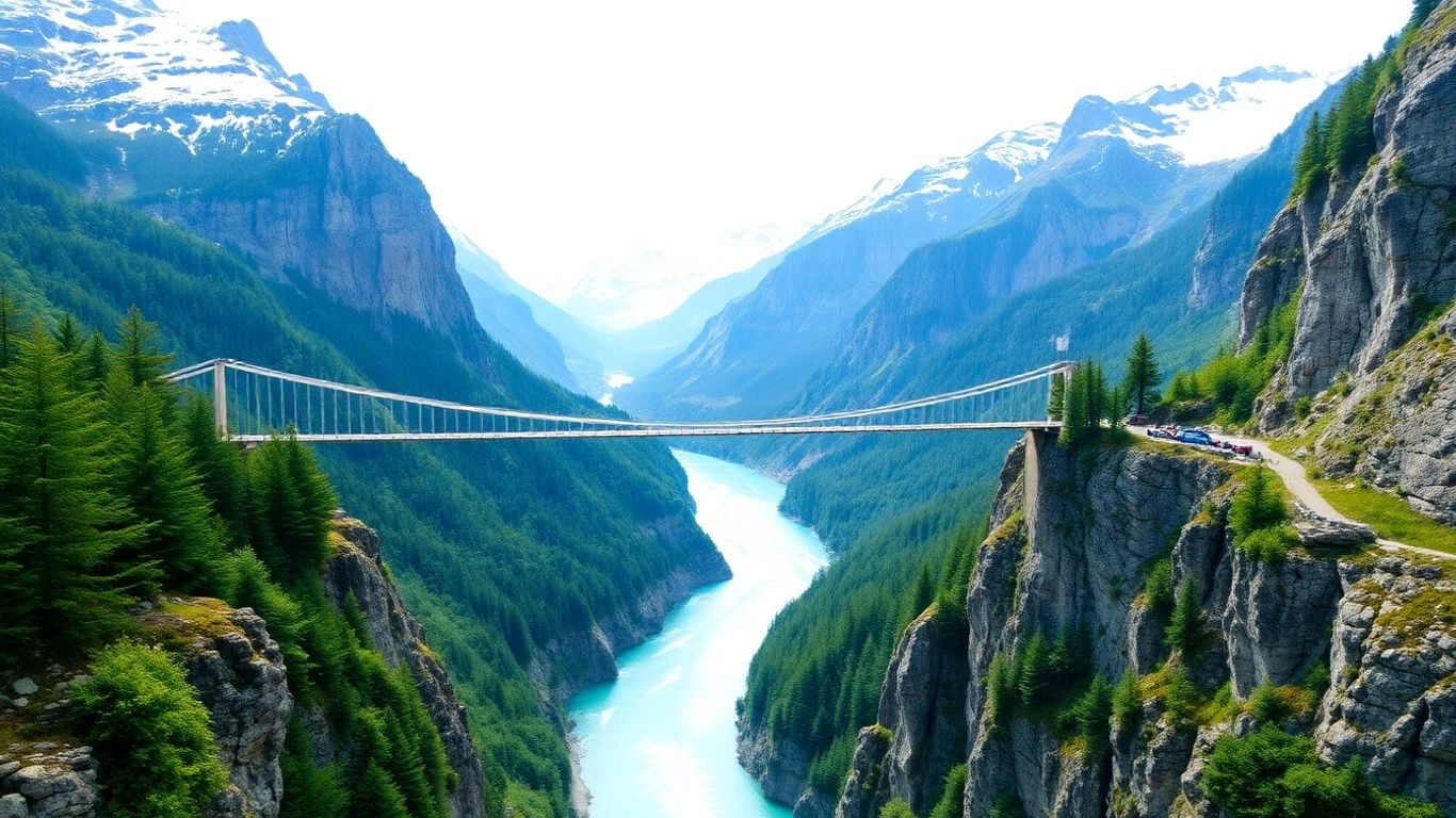 Hängende Brücke über eine Schlucht in den Schweizer Alpen.