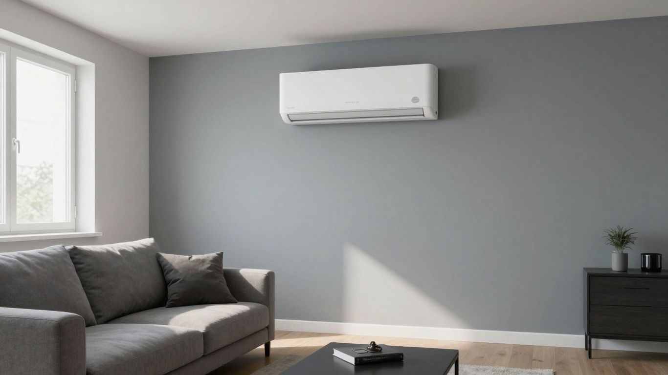 Climatiseur mono-split mural dans un salon moderne.
