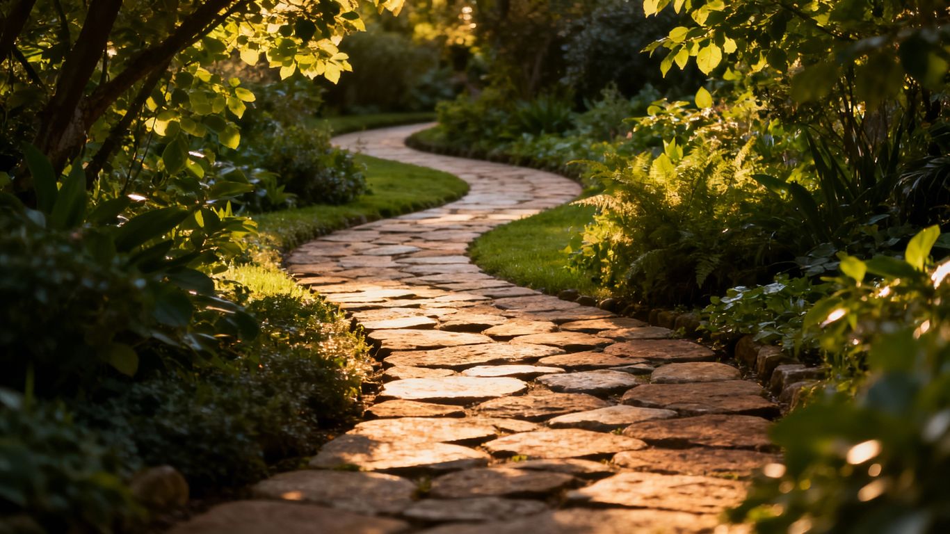 Meandering garden path through lush greenery.