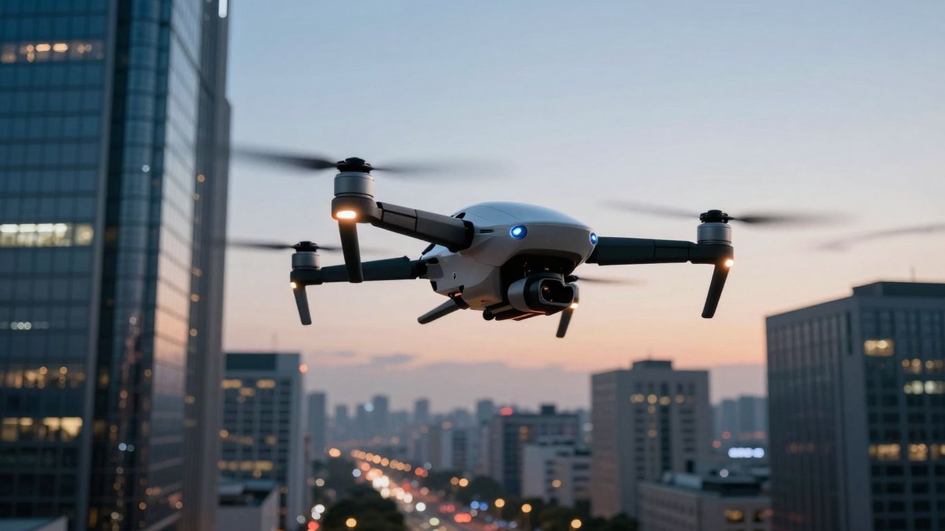 Futuristic drones flying in a modern city at dusk.