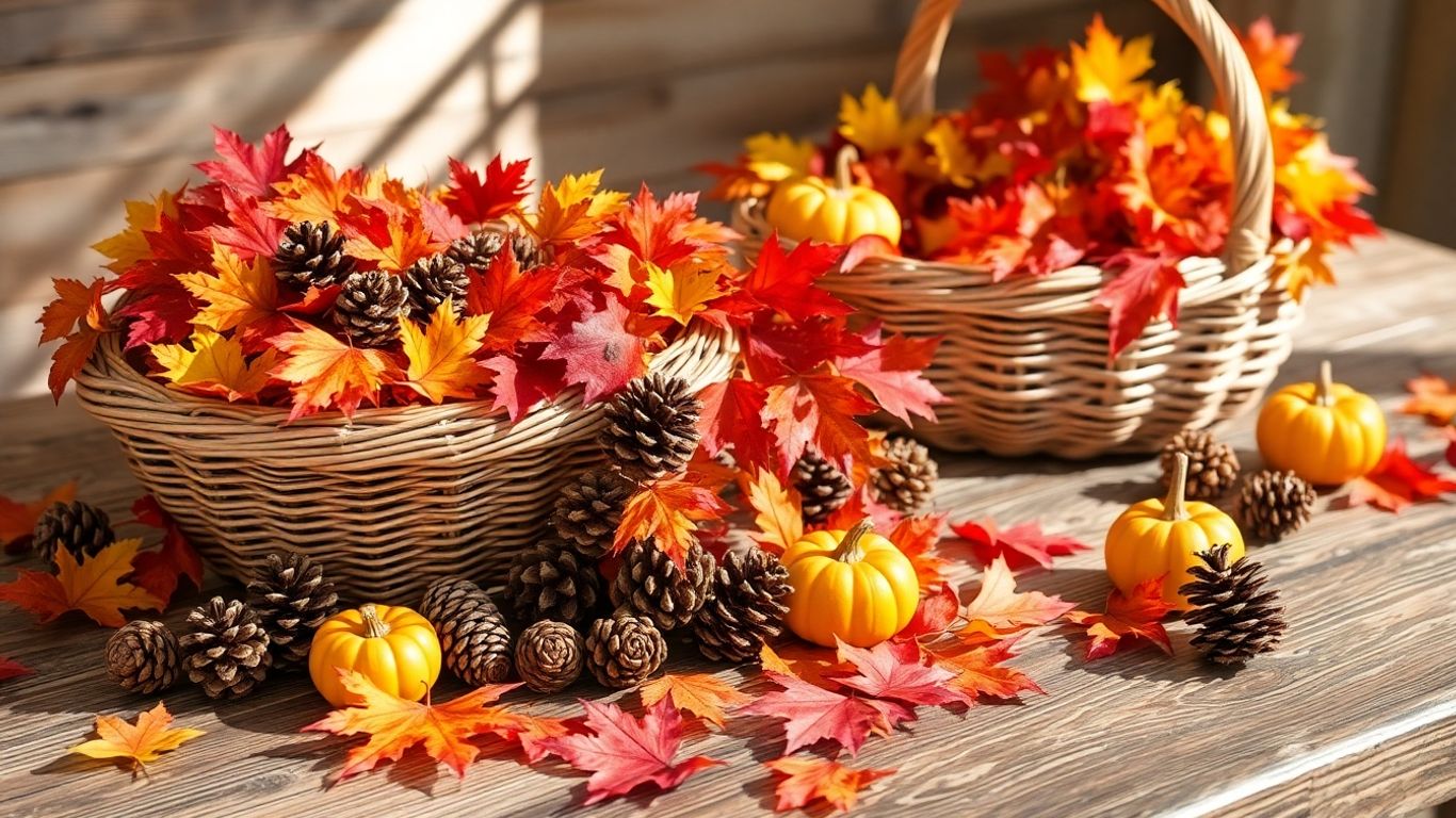 Herbstliche Dekoration mit Blättern, Zapfen und Kürbissen