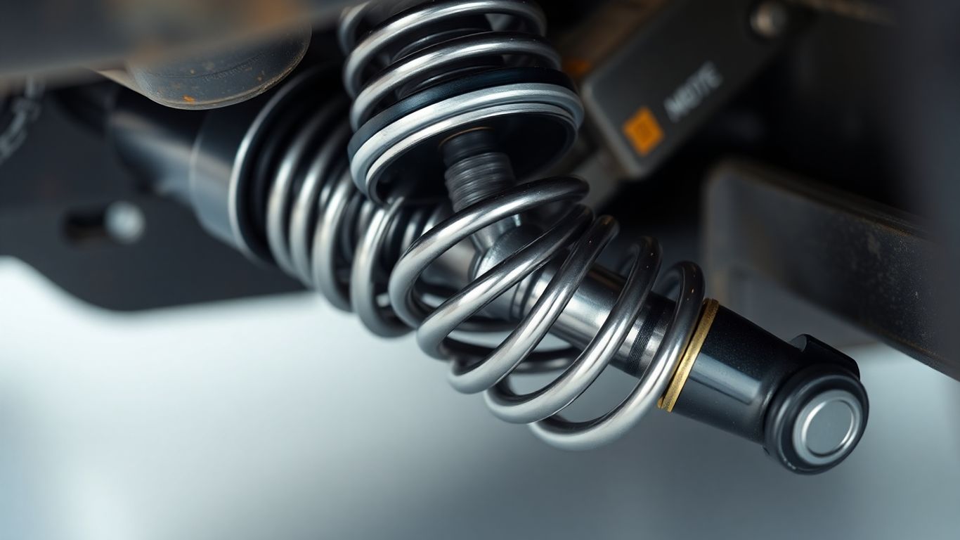 Car shock absorber with visible spring and cylinder.