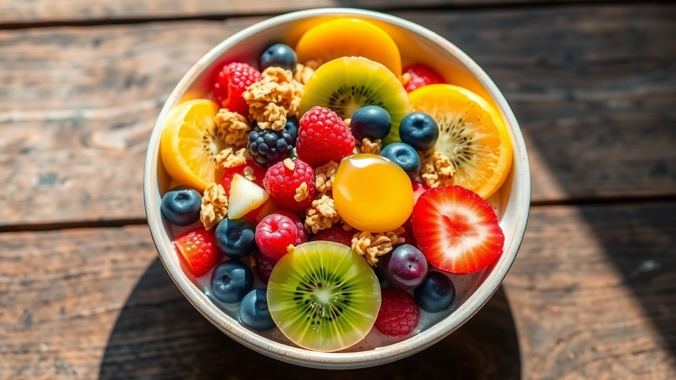 Healthy breakfast bowl with fruits and granola.